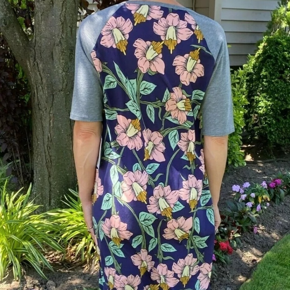 LULAROE Size Small JERSEY DRESS Lily Flower Floral Navy Blue - Picture 2 of 9